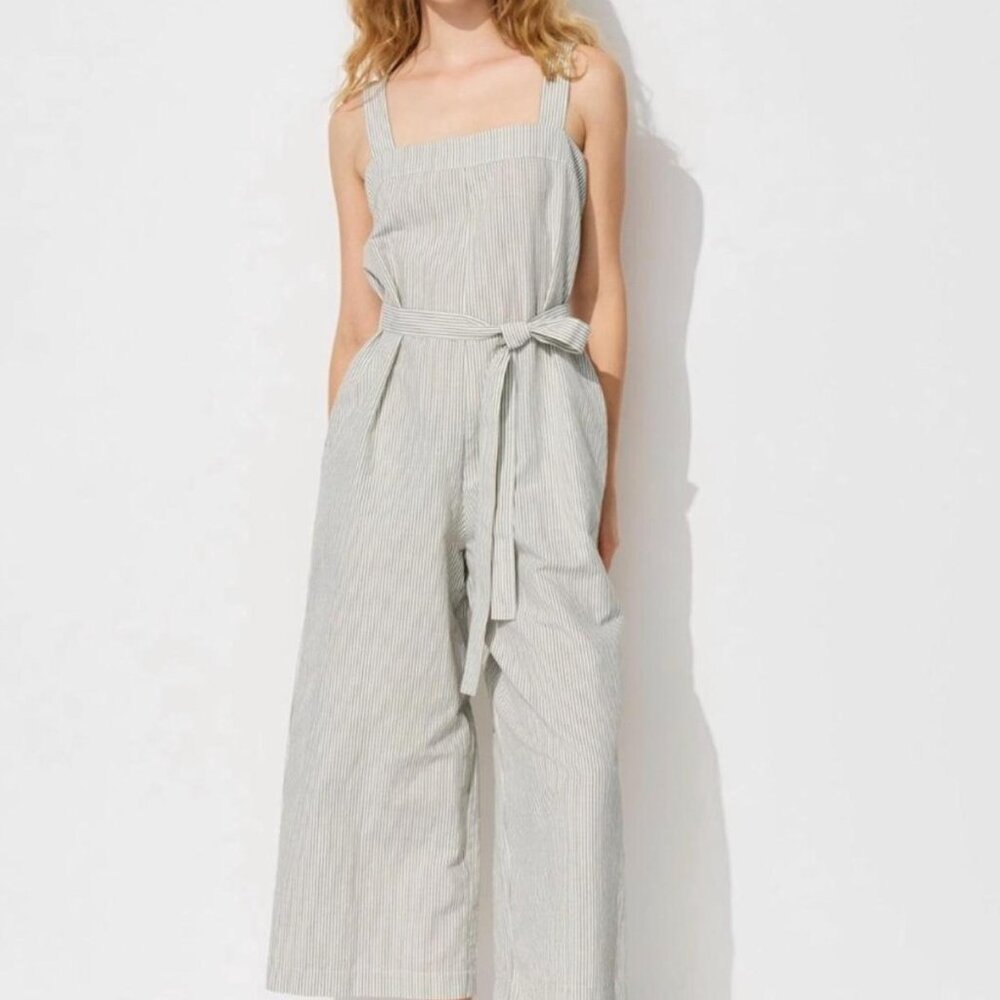 Uniqlo Striped Linen Blend Jumpsuit in White and olive green_Size S